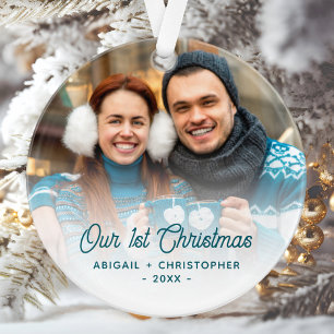 Ornamento Foto de Natal Feliz Casados Recém-Casados Turquesa