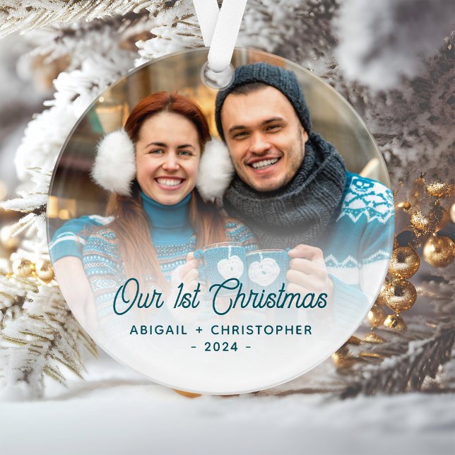 Ornamento Foto de Natal Feliz Recém-Casados Turquesa Script (Criador carregado)