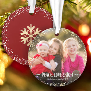 Ornamento Foto de Natal Paz Amor Joy Dourado Snowflake Chic