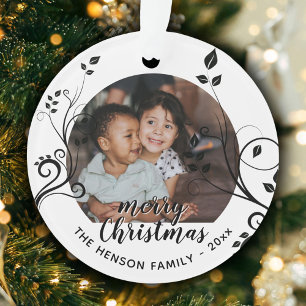 Ornamento Foto de Natal personalizada da família com folhage