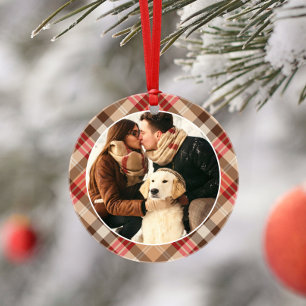 Ornamento Foto de Natal Personalizada da Xadrez Tan Tartan E