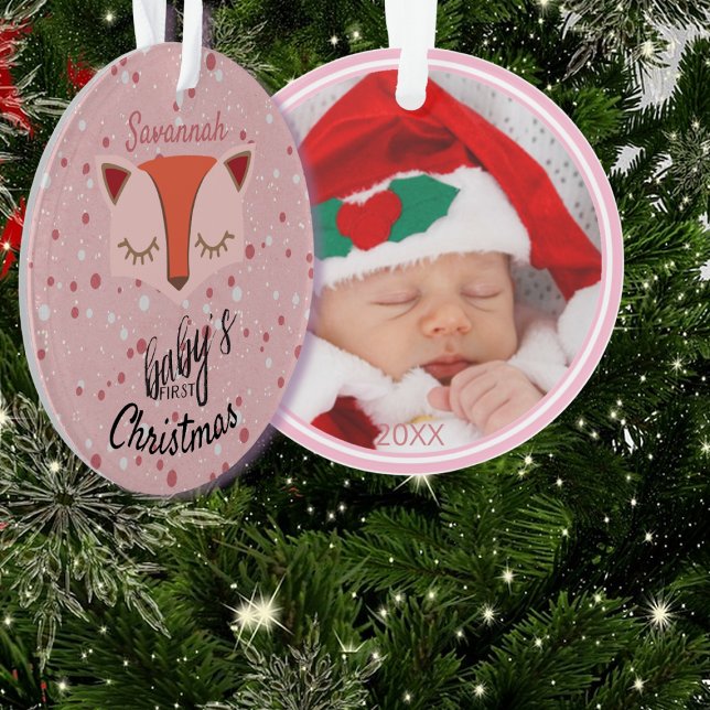 Ornamento Foto de Natal Pink Woodland Fox Primeiro (Criador carregado)