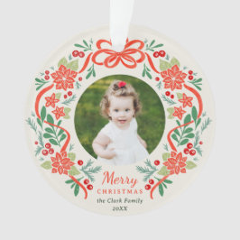 Ornamento Foto de Natal Verde e Poinsettia Vermelha Brilhant