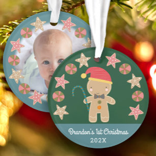 Ornamento Foto do bebê Primeiro Natal Gingerbird Boy Green