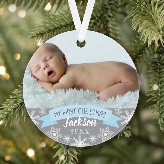 Ornamento Foto do primeiro Natal Light Blue Baby Boy (Criador carregado)