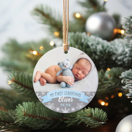 Ornamento Foto do primeiro Natal Light Blue Baby Boy