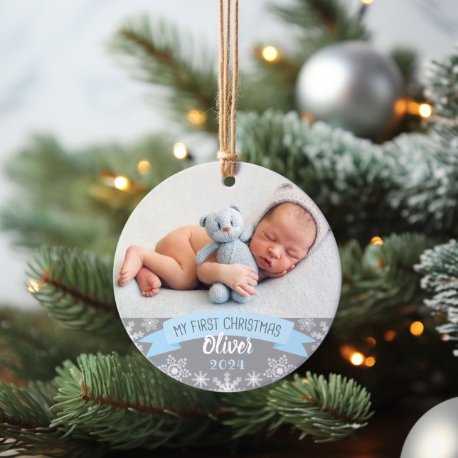 Ornamento Foto do primeiro Natal Light Blue Baby Boy (Criador carregado)