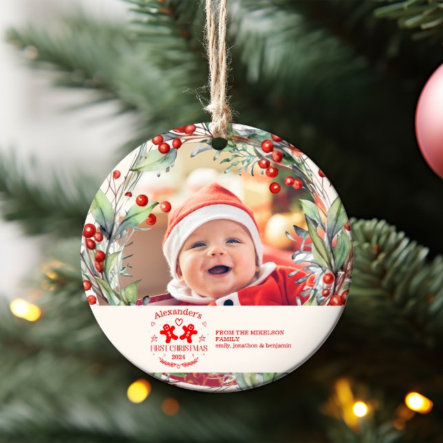 Ornamento Foto Elegant Floral Baby's First Christmas (Criador carregado)