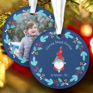 Ornamento Foto Gnome Gnome Adorável Coroa Floral Elfo Azul