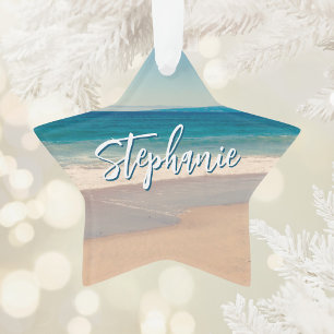 Ornamento Foto Personalizada da Praia Oceano Azul Cênica