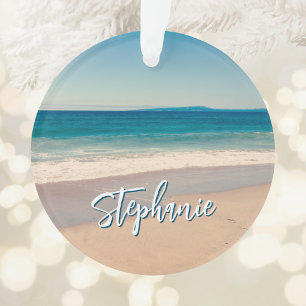 Ornamento Foto Personalizada da Praia Oceano Azul Cênica