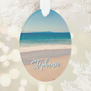 Ornamento Foto Personalizada da Praia Oceano Azul Cênico