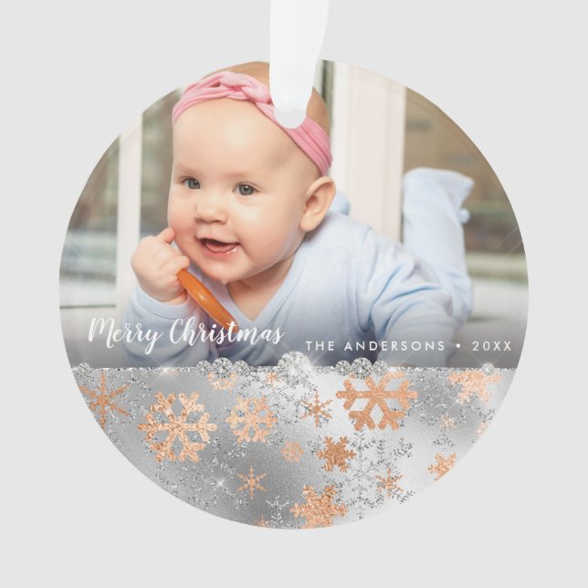 Ornamento Foto personalizada de flocos de neve prateados de  (Frente)