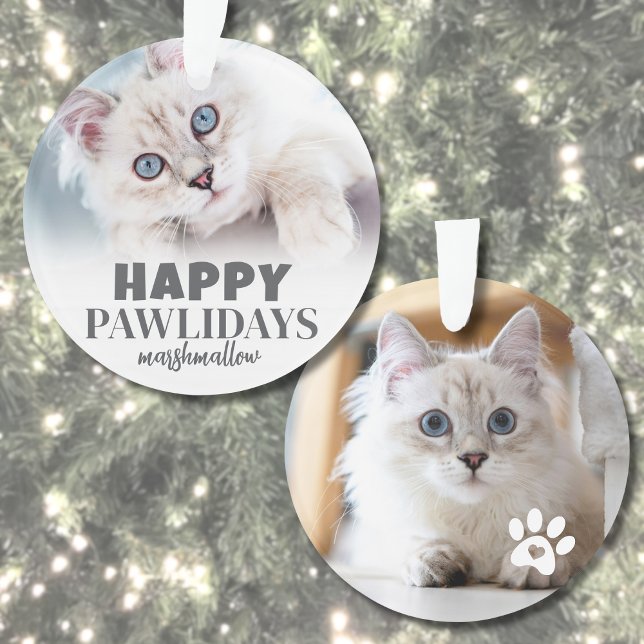 Ornamento Foto Personalizada de Gato (Cute Kitty Cat Photo Happy Pawlidays Ornament)