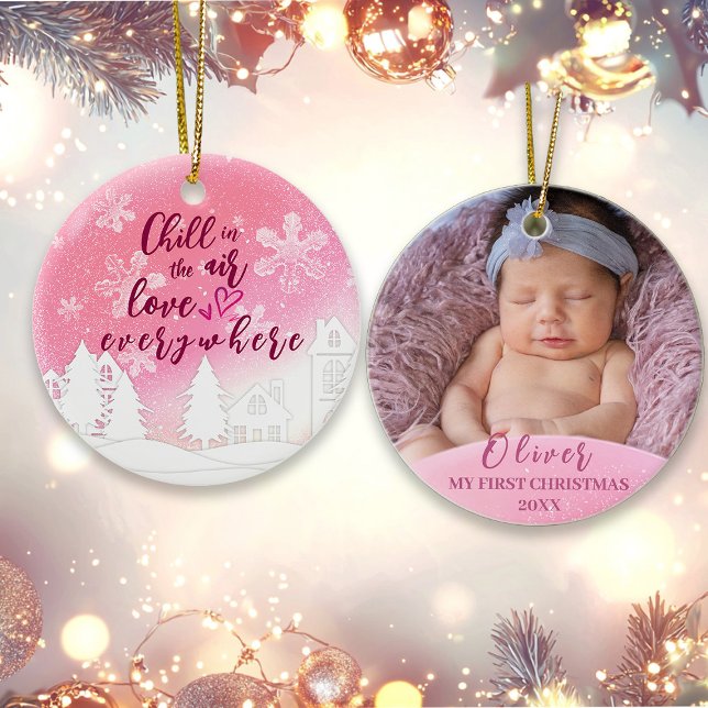 Ornamento Foto personalizada de Natal para o Bebê Rosa 1rua (Criador carregado)