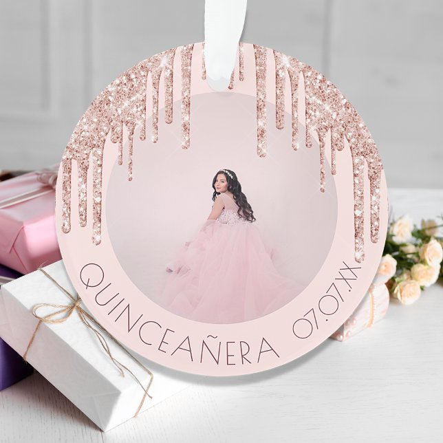 Ornamento Foto personalizada de Quinceanera rosa dourado bri (Criador carregado)