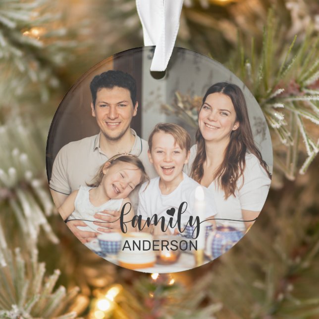 Ornamento Foto Personalizada de Script Black Heart do Amor F (Árvore)