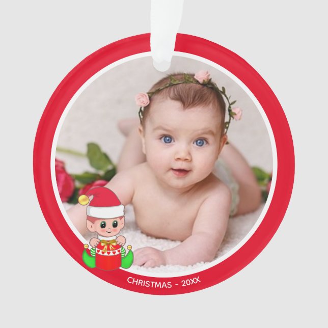Ornamento Foto personalizada do bebê com elfo de Natal (Frente)