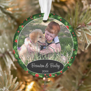 Ornamento Foto Personalizada em Padrão de Folhas de Azevinho