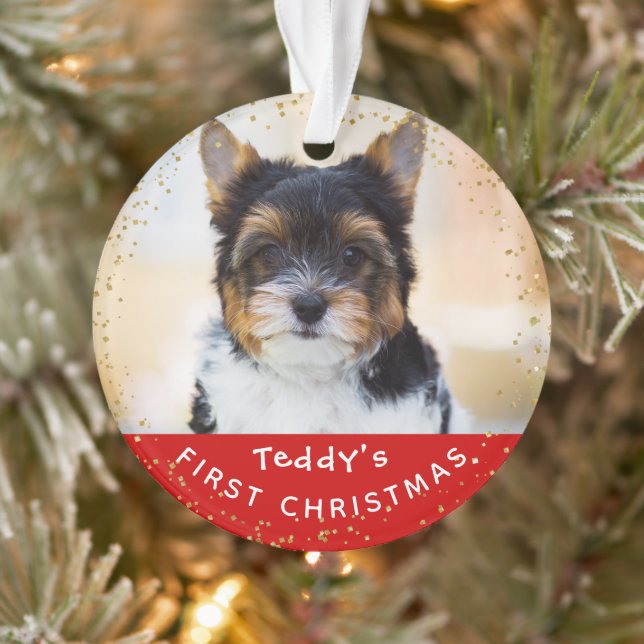Ornamento Foto personalizada Pet Dog Puppy Holiday Red Doura (Árvore)