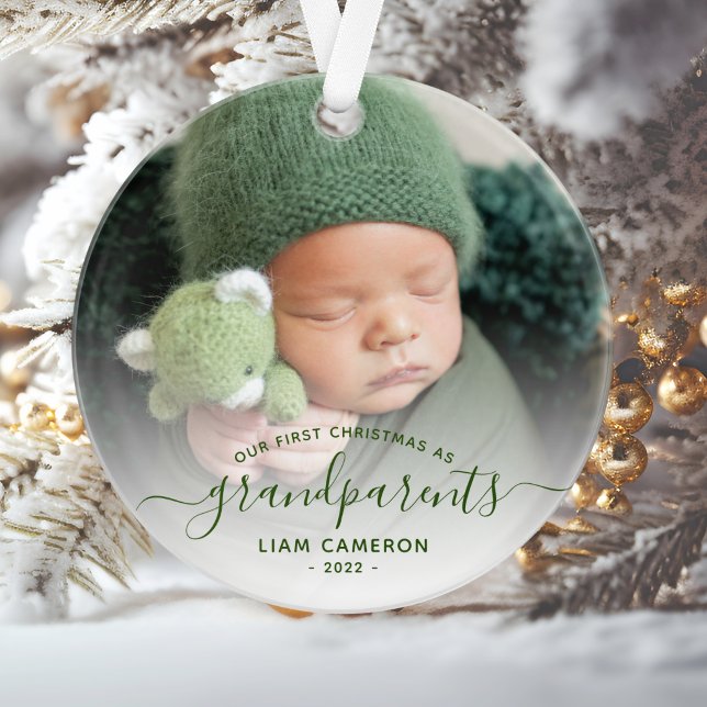 Ornamento Foto Primeiros Natal Avós Roteiro Verde (Criador carregado)