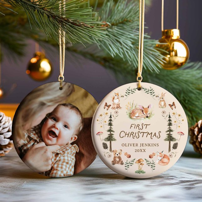 Ornamento Fotográfico do Woodland Baby Boy First C (Woodland First Christmas Photo Ornament)