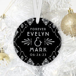 Ornamento Fotos de monograma de casamento prateado vintage a