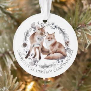 Ornamento Fox Casal Winter Wreath Christmas Personalizado