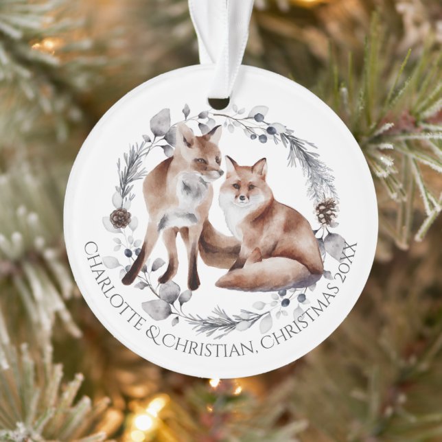 Ornamento Fox Casal Winter Wreath Christmas Personalizado (Árvore)