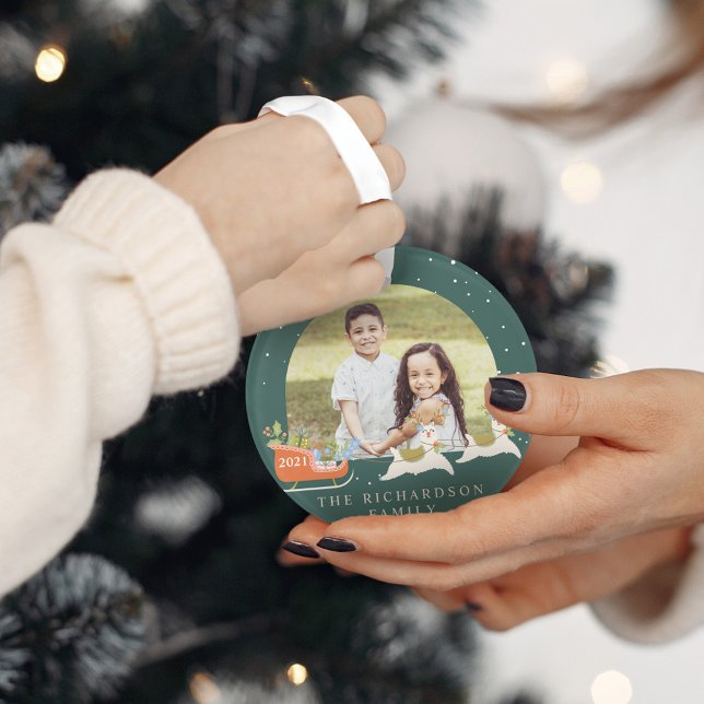 Ornamento Fun Christmas Llama Reindeers & Sleigh Two Photo (Fun Christmas Llama Reindeers & Sleigh Two Photo Ornament)