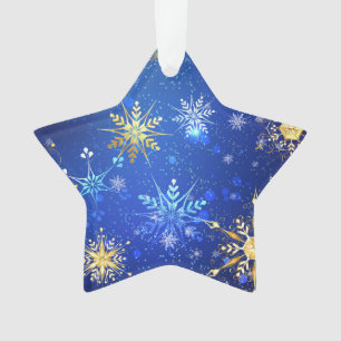 Ornamento Fundo Azul XMAS com Flocos de Neve Ouro