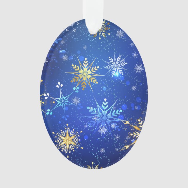 Ornamento Fundo Azul XMAS com Flocos de Neve Ouro (Frente)