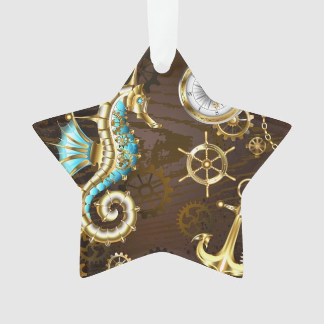 Ornamento Fundo de madeira com cavalo de mar mecânico (Frente)