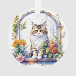 Ornamento Gato Bonito na Janela Flores Personalizadas