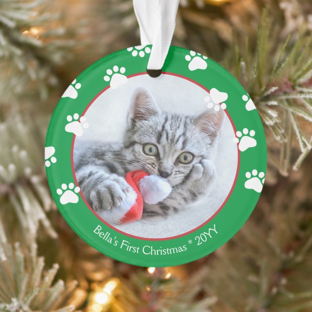 Ornamento Gato Bonito Primeiro Natal Pawprints Verde Vermelh (Árvore)