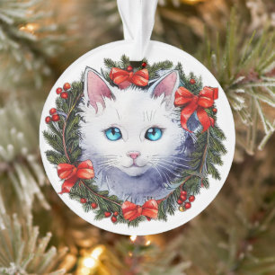 Ornamento Gato Branco na Pintagem de Aquarela de Natal,