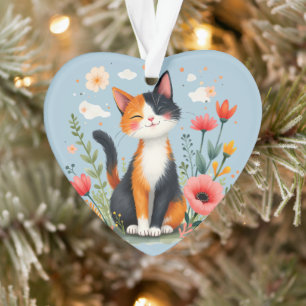 Ornamento Gato Calico Sorridente no Jardim Florido
