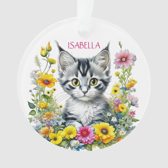 Ornamento Gato Caprichoso e Flores Personalizado de Natal (Frente)
