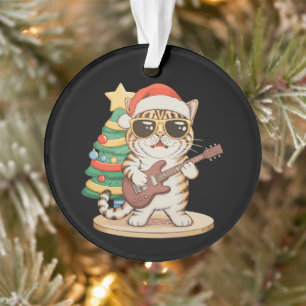Ornamento Gato de Natal Tocando Violão Rock Jazz Chapéu de N