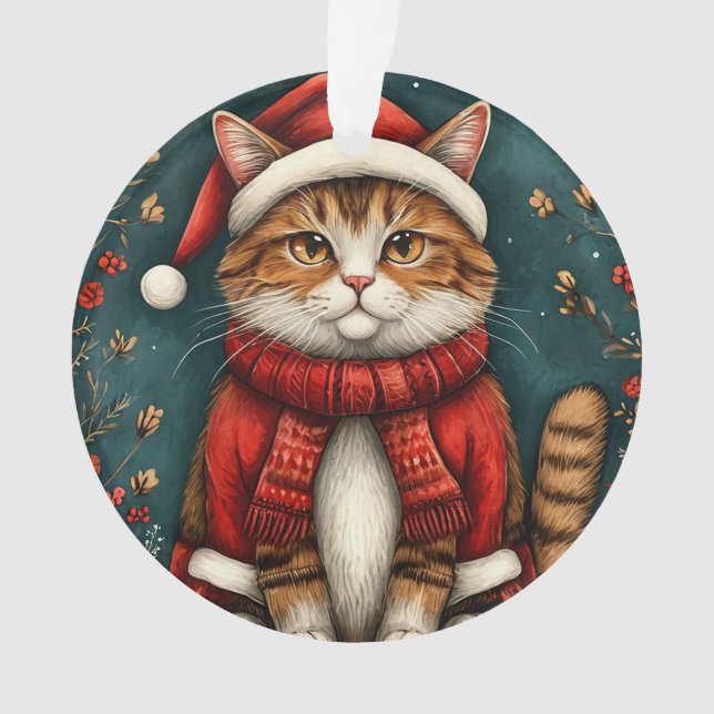 Ornamento Gato Festivo Vestindo Santa Hat e Scarf (Frente)