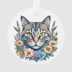 Ornamento Gato Fofo de Aquarela com Flores Natal