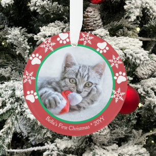 Ornamento Gato Fofo Primeiras Neve Impressões de Pata Vermel