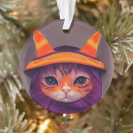 Ornamento Gato Laranja com Chapéu de Bruxa Roxo