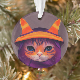 Ornamento Gato Laranja com Chapéu de Bruxa Roxo