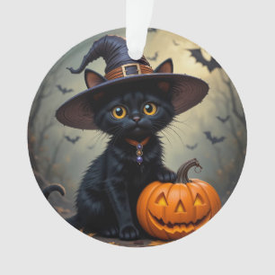 Ornamento Gato Preto Adorável Vestindo Chapéu de Bruxa
