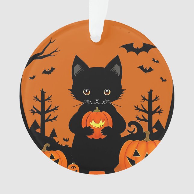 Ornamento Gato Preto Fofo com Abóboras de Halloween (Frente)