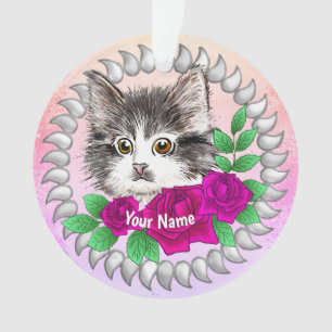 Ornamento Gato Tuxedo com Rosas Cor-de-Rosa