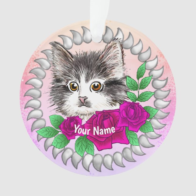 Ornamento Gato Tuxedo com Rosas Cor-de-Rosa  (Frente)