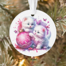 Gatos Brancos Fofos Brincando com Natal Rosa
