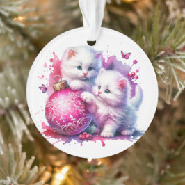 Ornamento Gatos Brancos Fofos Brincando com Natal Rosa